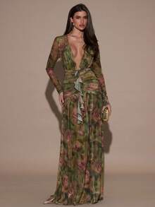 SHEIN BAE Váy cổ chữ V sâu in hoa gợi cảm thời trang dành cho nữ - màu xanh lá - Xem 3