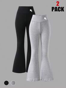 2pcs/Set Girls Flared Pants, Black & Gray Fashion Printed Long Trousers, Stylish & Versatile For Autumn/Winter