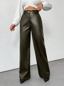 SHEIN Tall Prive Gold Button Detailed Straight Fit Leather Pant, Tall Women - Army Green - View 6