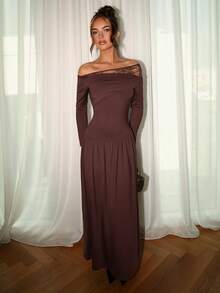 SHEIN Glamour Elegant Asymmetric Shoulder Line Sexy Off-Shoulder Dress Chocolate Brown Top Long Brown Skirt Christmas Outfit Women - Brown - View 5