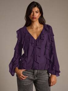 Aloruh Women's Sheer Blouse With Ruffled Deep V Neck Long Sleeve, Purple, Autumn/Winter New Arrival, Elegant Bohemian - Purple - View 3