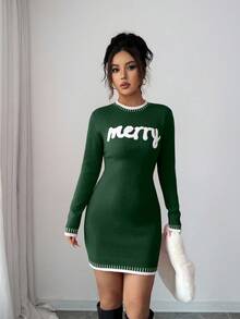 Elenzga 女式圆领撞色“圣诞快乐”紧身迷你连衣裙，针织字母印花，休闲节日圣诞毛衣裙，红色 - 墨綠色 - 查看 3