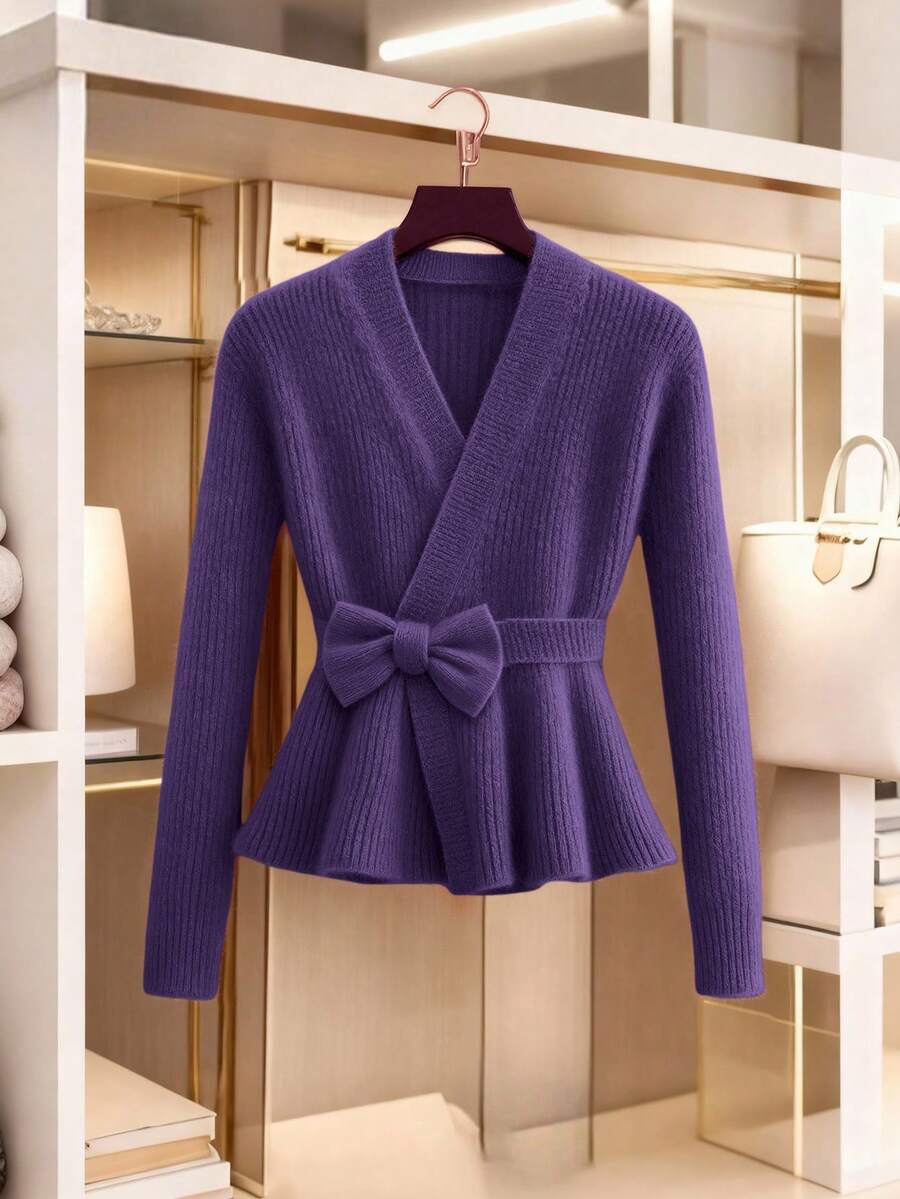 GlowEve New Fashionable Mixed Color Chic Versatile Knitted Sweater Top - Purple - View 1