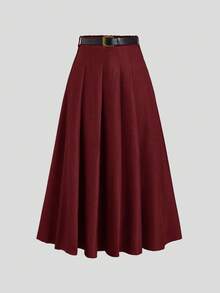 Sweetra 秋冬季优雅暖棕色百褶A字裙，修身剪裁，腰带点缀，独特设计感女裙 - 酒紅色 - 查看 2