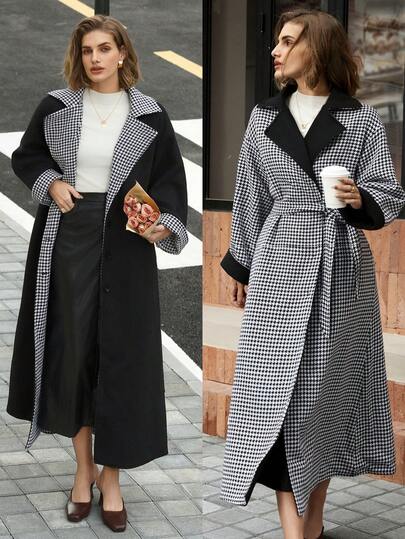 Hansera Abrigo de lana de mezcla elegante y vintage con solapa de contraste de pata de gallo, de manga larga y apertura frontal reversible, adecuado para el uso diario en otoño/invierno