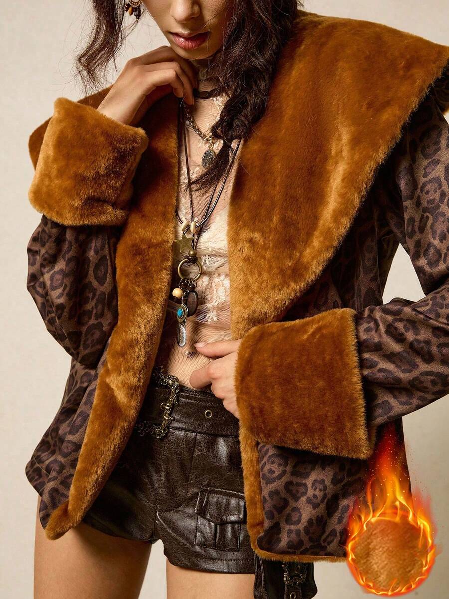 SoleilVie Cappotto invernale elegante da donna con stampa leopardata e collo a bavero, versatile. Cappotto invernale casual da donna in stile retrò con stampa leopardata, collo e polsini in pelliccia. Cappotto retrò con bordi in pelliccia, adatto sia per uscite casual che per l'abbigliamento elegante da ufficio. Questo comodo cappotto in pelliccia con stampa leopardata a patchwork è perfetto sia per le occasioni casual che per quelle formali. Invernale da donna, per il Ringraziamento da donna, bluse eleganti da donna, top con stampa ghepardo, top marrone, cappotto da con stampa leopardata - Castano - Visualizzare 1