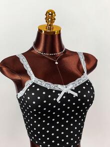 Amplova Set 2 Potong Atasan Camisole dan Celana Pendek Mini Motif Polka Dot dengan Hiasan Pita dan Renda Warna Kontras - MultiWarna - View 5