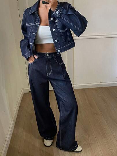 DAZY 2pcs Set: Navy Blue Short Denim Jacket & Wide Leg Pants, Vintage Design, Autumn/Winter