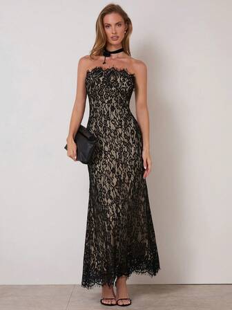 COSMINA Women's Solid Color Minimalist Everyday Lace Patchwork Dress, Lace Maxi Dress Wedding Guest Dress Women Black Dinner Date Dress