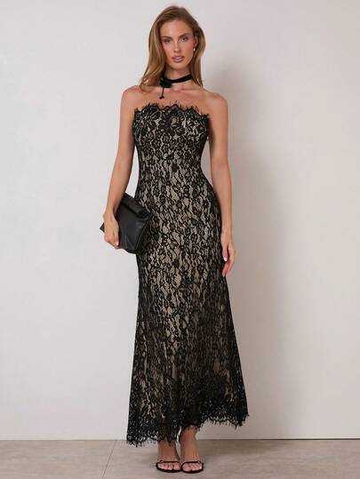 COSMINA Women's Solid Color Minimalist Everyday Lace Patchwork Dress, Lace Maxi Dress Wedding Guest Dress Women Black Dinner Date Dress