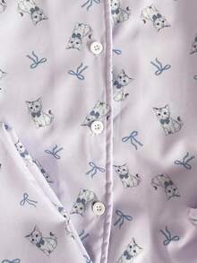 SHEIN 3件套女童柔软顺滑睡衣套装，时尚可爱猫咪蝴蝶结印花袖口、下摆、领口撞色荷叶边长袖开衫和长裤，含眼罩，睡衣 - 紫色 - 查看 3