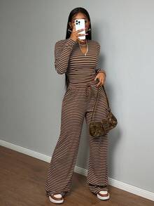 Slaydiva 女士休闲通勤撞色条纹印花半拉链长袖T恤和抽绳阔腿裤两件套，春秋季 - 棕色 - 查看 7