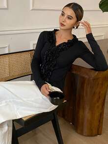 DAZY Áo thun nữ cổ chữ V tay dài ôm sát, lót nhiệt màu trơn, thanh lịch cho mùa thu/đông - màu đen - Xem 6