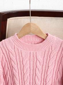 SHEIN 少女針織粉色對比色蝴蝶結休閒套頭冬季毛衣，舒適可愛，適合日常穿著、秋季、學校、開學季 - 粉色 - 查看 3