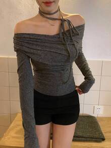 DAZY Women's Cross Off-Shoulder Korean Style Tie-Up Long Sleeve T-Shirt, Spring/Autumn