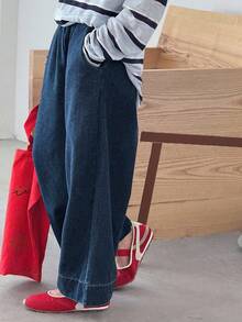 Dazy Kids Quần jeans ống rộng cho bé gái tuổi teen - Rửa tối - Xem 7