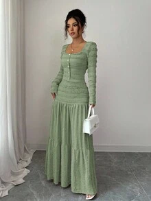 Selianne Bộ 2 món áo sơ mi cổ vuông tay dài cài nút và chân váy chữ A dài chấm đất họa tiết màu hồng phong cách nghỉ dưỡng giản dị cho nữ, mùa thu - màu xanh lá - Xem 4