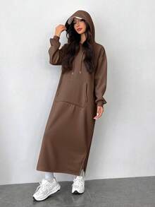 SHEIN EZwear 棕色口袋休闲针织连帽长袖卫衣连衣裙，长款休闲连衣裙，长袖连衣裙，女士宽松连衣裙，棕色卫衣，女士冬季连衣裙，宽松卫衣，棕色卫衣连衣裙，长款卫衣连衣裙，女士秋季服装 - 巧克力棕 - 查看 6