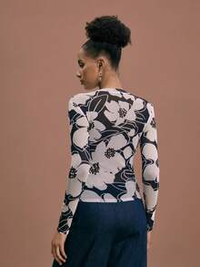 JIAN LASALA Crew Neck Floral Printed Slim Fit Sheer Mesh Top Women Casual Elegant Party Holiday Sheer Long Sleeve Top Long Sleeve Mesh Top Mesh Tops For Women Mesh Long Sleeve Top Long Sleeve Top For Women Long Sleeve Printed Top Floral Mesh Top Bodysuits For Women Long Sleeve Graphic Tops - Multicolor - View 2