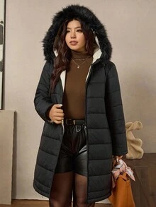 Zelara 加大码女式黑色双面连帽冬装长款棉质外套，适合秋冬季节穿着，加厚保暖。另有带毛领和帽子的长袖黑色杏色撞色绗缝外套，毛绒连帽，保暖舒适，拉链设计，复古风格，亮片点缀，适合秋冬季节穿着，防风防水，带口袋，是节日外套的理想之选。 - 黑色 - 查看 3