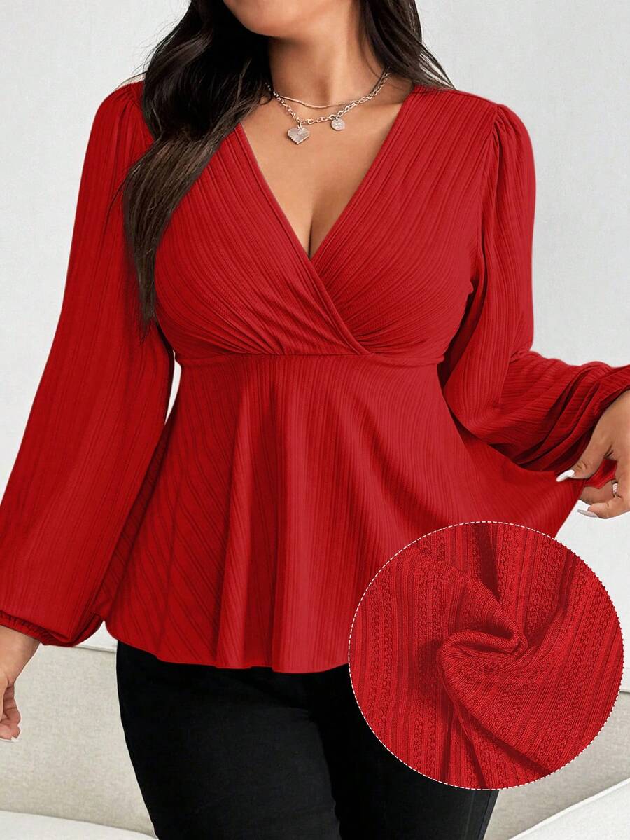 Vionelle Plus Size V-Neck Ruffle Puff Sleeve Long Sleeve Textured Knit Cropped Hem Casual T-Shirt For Women, Apricot Color - Red - View 1