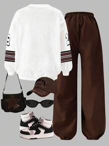 SHEIN ChillGRL 两件套少女运动街头休闲字母数字印花长袖针织卫衣和侧袋抽绳工装裤，酷女孩日常运动装 - 彩色 - 查看 2