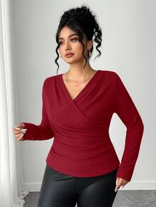 Dazy Plus V-Neck Ribbed Tight Fitted Long Sleeve Plus Size Women's Cropped T-Shirt, Spring/Autumn - Burgundy - View 3