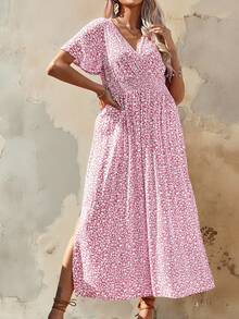 Roveilla 大码女式碎花褶皱腰部高开衩长裙套装