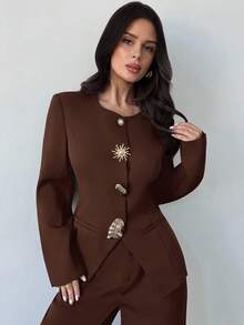 Firerie Áo cánh cổ chữ V đính nút kim loại tối giản thanh lịch dành cho nữ, áo vest dài tay không đối xứng, màu nâu, phù hợp mặc công sở - màu nâu - Xem 3