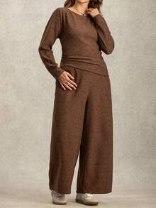 Zelara 2pcs Plus Size Set, Textured Comfortable Fabric Top And Pants Brown Two Piece Set Women Plus Size Co Ord Set - Khaki - View 5
