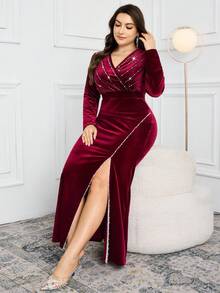 Modelyn Vestido elegante con abertura alta y adornos de strass para tallas grandes - Burdeos - Ver 6