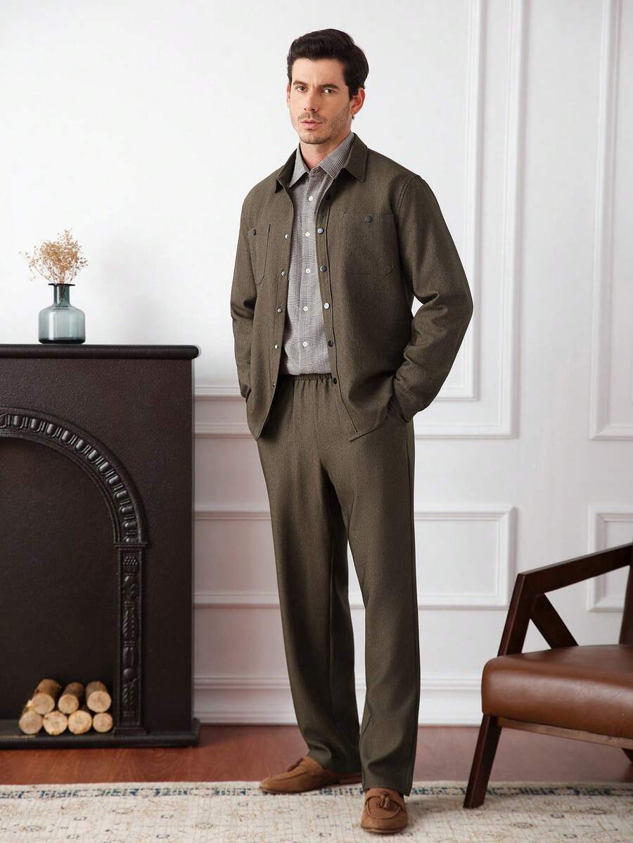 Core Aspect Men's Solid Color Long Sleeve Single-Breasted Shirt And Pants Casual Suit Men Two Piece Set Men 2 Piece Set,Old Money Style - Coffee Brown - View 1
