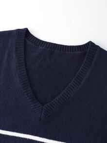 Franclia 女士休闲条纹针织毛衣背心 - 寶藍色 - 查看 5