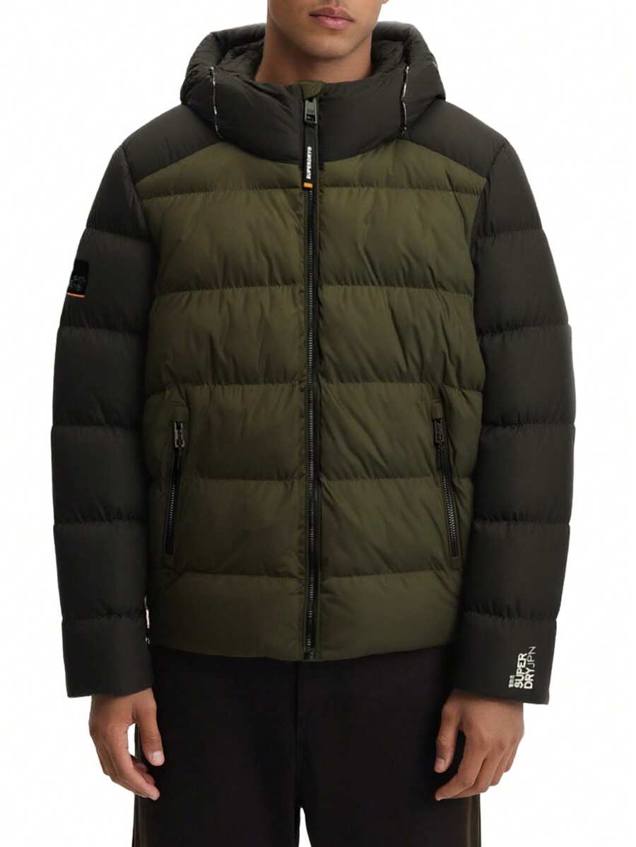 Men's Sport Puffer Hooded Jacket Black Green - Black colourblock - View 1