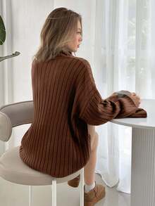 EURMUSE Women High Neck Flare Sleeve Rib Knit Comfy Sweater Pullover - Brown - View 2