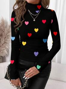 SHEIN Clasi 女士休闲简约高领T恤，适合日常穿着，心形印花 - 彩色 - 查看 4