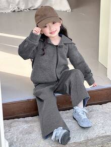 DAZY Young Girl Casual Daily Commute Simple Solid Color Rhinestone Zipper Hoodie And Wide Leg Sweatpants Set, Warm Thermal Lined For Autumn/Winter - Grey - View 7