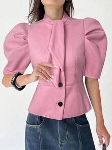 Aloruh 优雅纯色泡泡袖西装外套，适合通勤 - 粉色 - 查看 7