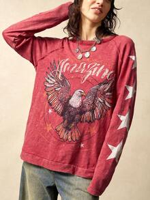 Bohemela Camiseta holgada de mujer de cuello redondo de manga larga de punto de unicolor - Burdeos - Ver 5