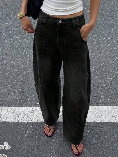 DAZY Loose Fit Vintage Washed Wide Leg Casual Jeans, American Workwear Style