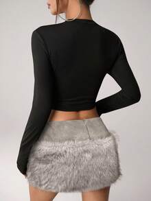 SHEIN ICON 女士PU拼接蓬松迷你裙 - 杏色 - 查看 2