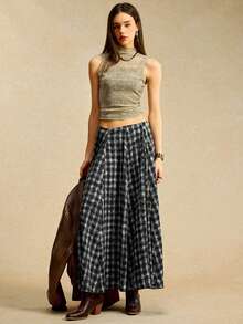 Easelle 女士格子百褶休闲百搭半身裙 - 黑與白 - 查看 3