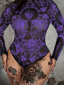 Whyspr 加大码圆领长袖网眼印花优雅复古朋克哥特休闲紧身衣，适合万圣节、度假 - 紫色 - 查看 3