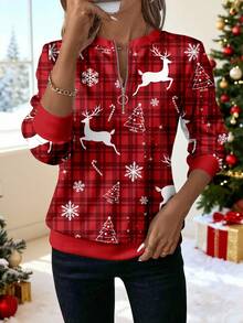 EMERY ROSE Women's Front Half-Zip Round Neck Sweatshirt, Suitable For Autumn/Winter Winter Tops For Women Christmas Shirt Red Plaid Top Women Blouses Long Sleeve New Year Party - White - View 5