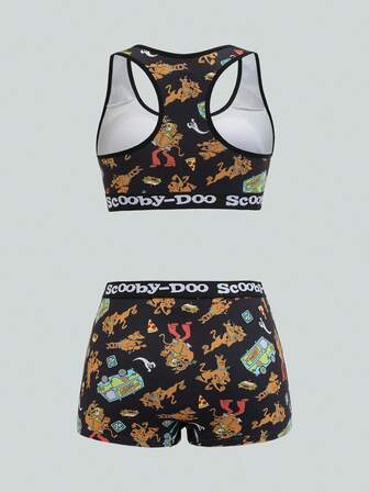 SCOOBY-DOO X SHEIN Women's Letter & Cartoon Pattern Scoop Neck Bra And Boyshorts Lingerie Set Boxer And Bra Set 2 Pieces Short Set Women 2 Pieces Short Set 2 Pieces Set Shorts And Top Set