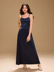 少女V领无袖修身针织圣诞优雅派对连衣裙 - 藍色 - 查看 7