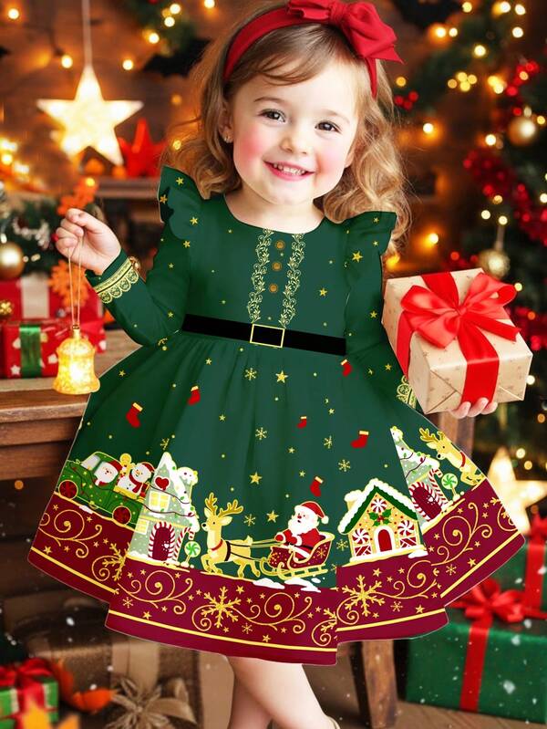 SHEIN Happikins Christmas Forest Green & Vintage Red, Santa's Candy House Snowflake Print, Christmas Eve, Christmas Vibes, North Pole Village Christmas, Baby Girl Casual Cute Cartoon Fashionable Sweet Ruffle Sleeve Dress, Suitable For Autumn/Winter, Christmas Party, Street Style, Home Wear