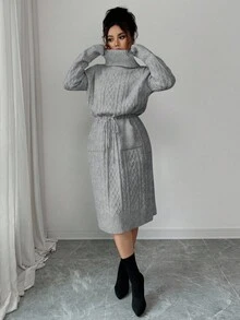 SHEIN Elenzya 女士纯色系带口袋优雅毛衣连衣裙 - 灰色 - 查看 3