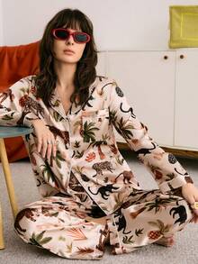 Chillnights INS 千禧植物动物西部风情前开襟女士睡衣套装，适合居家休闲、秋冬穿着 - 彩色 - 查看 6