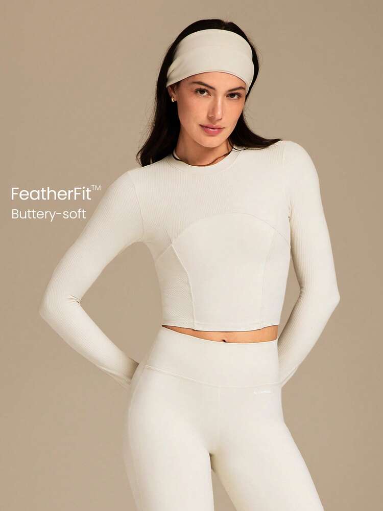 FeatherFit™ ソフトで伸縮性のあるリブ編みシームディバイディングデザイン長袖Tシャツ、低インパクトヨガ、ピラティススタジオ、デイリーカジュアルウェア、取り外し可能なカップ付き